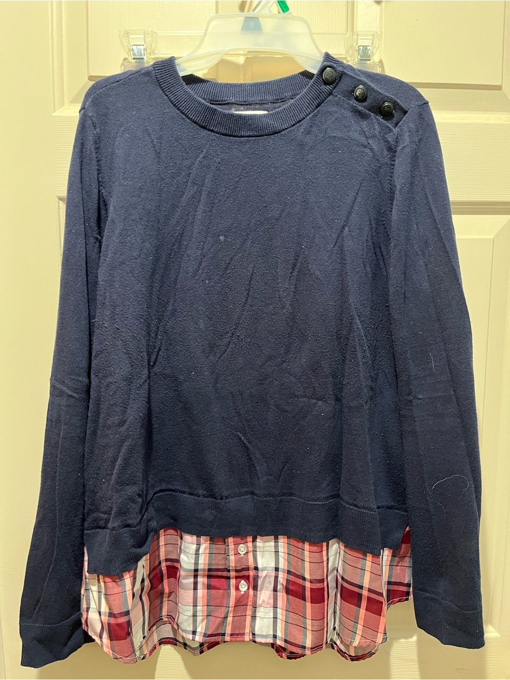 crown & ivy Navy Crewneck Sweater with Plaid Hem and Shoulder Buttons